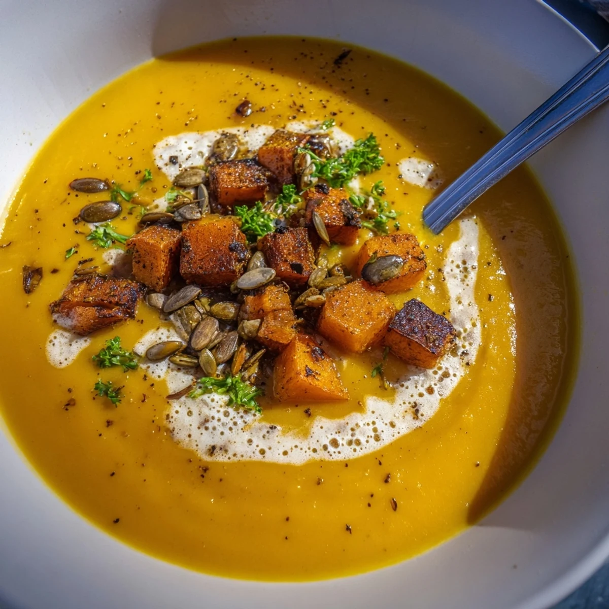 Cremige, aromatische Kürbissuppe mit geröstetem Kürbis und Gewürzen für den perfekten Herbstabend.  