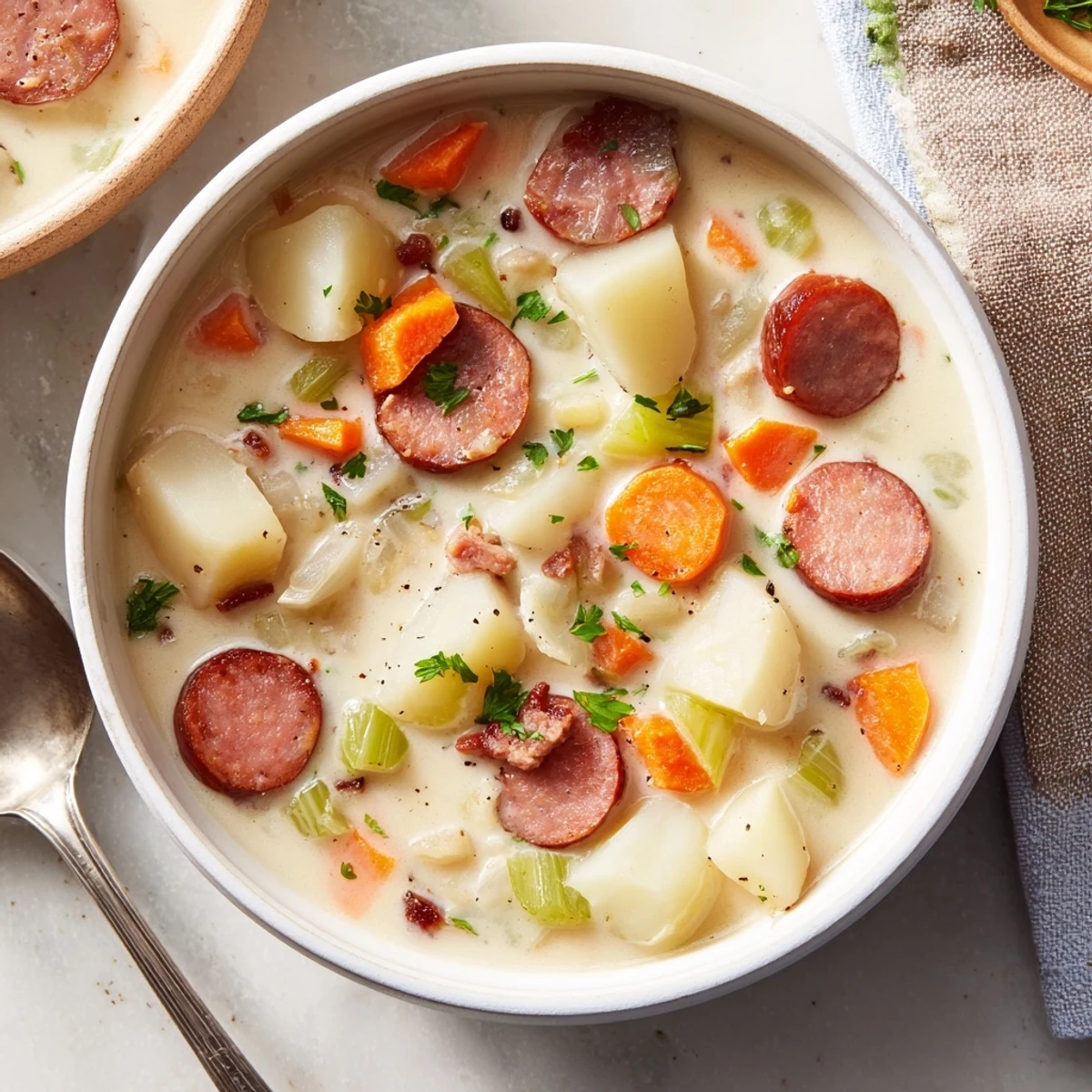 Herzhaftes Kartoffelsuppe mit Würstchen, würzig und cremig, ideal für kalte Tage.  