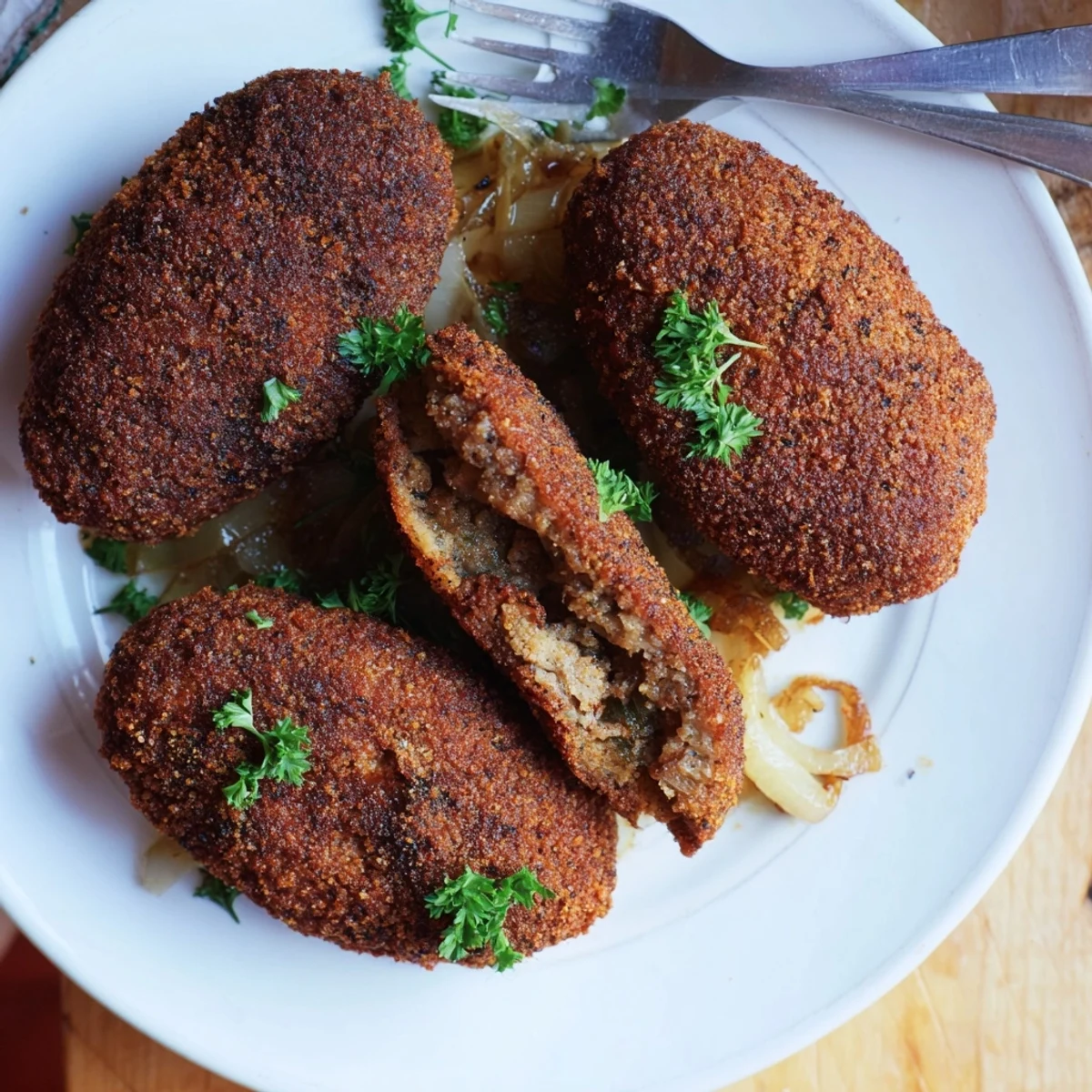 Hausgemachte deutsche Fleischbällchen mit Gewürzen und zartem Pfannengeruch.  