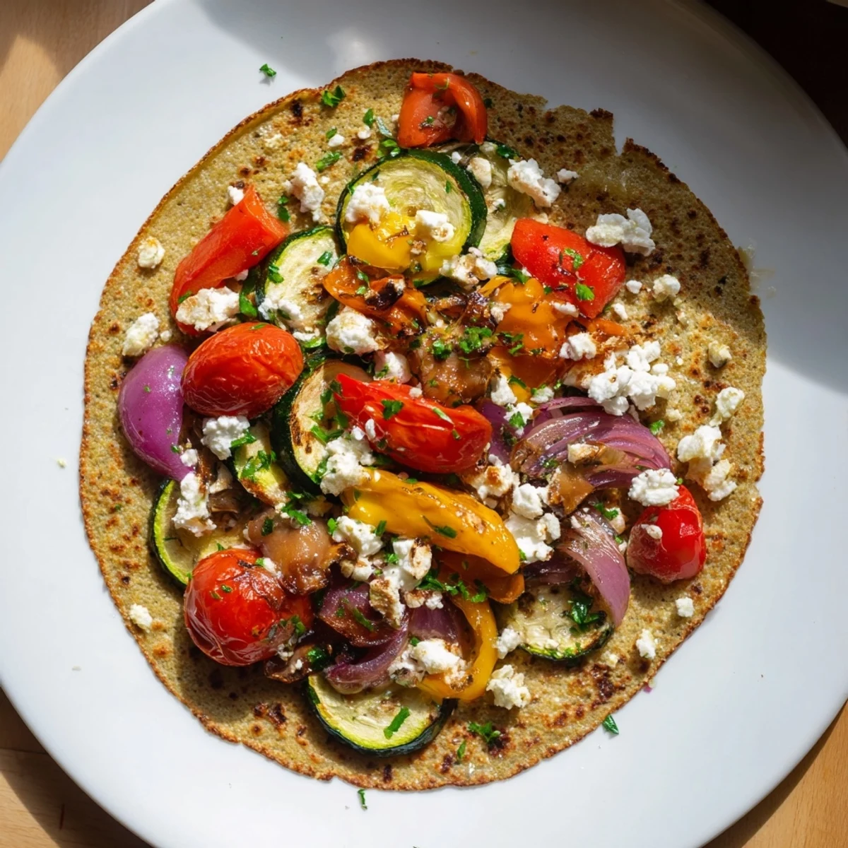 Hearty buckwheat pancakes served with roasted vegetables, a delicious vegetarian main dish with vibrant colors.