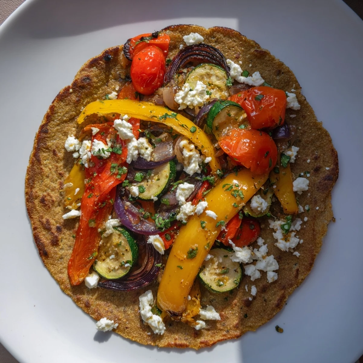 Golden-brown savory buckwheat pancakes with colorful roasted vegetables, ready for a satisfying, gluten-free meal.