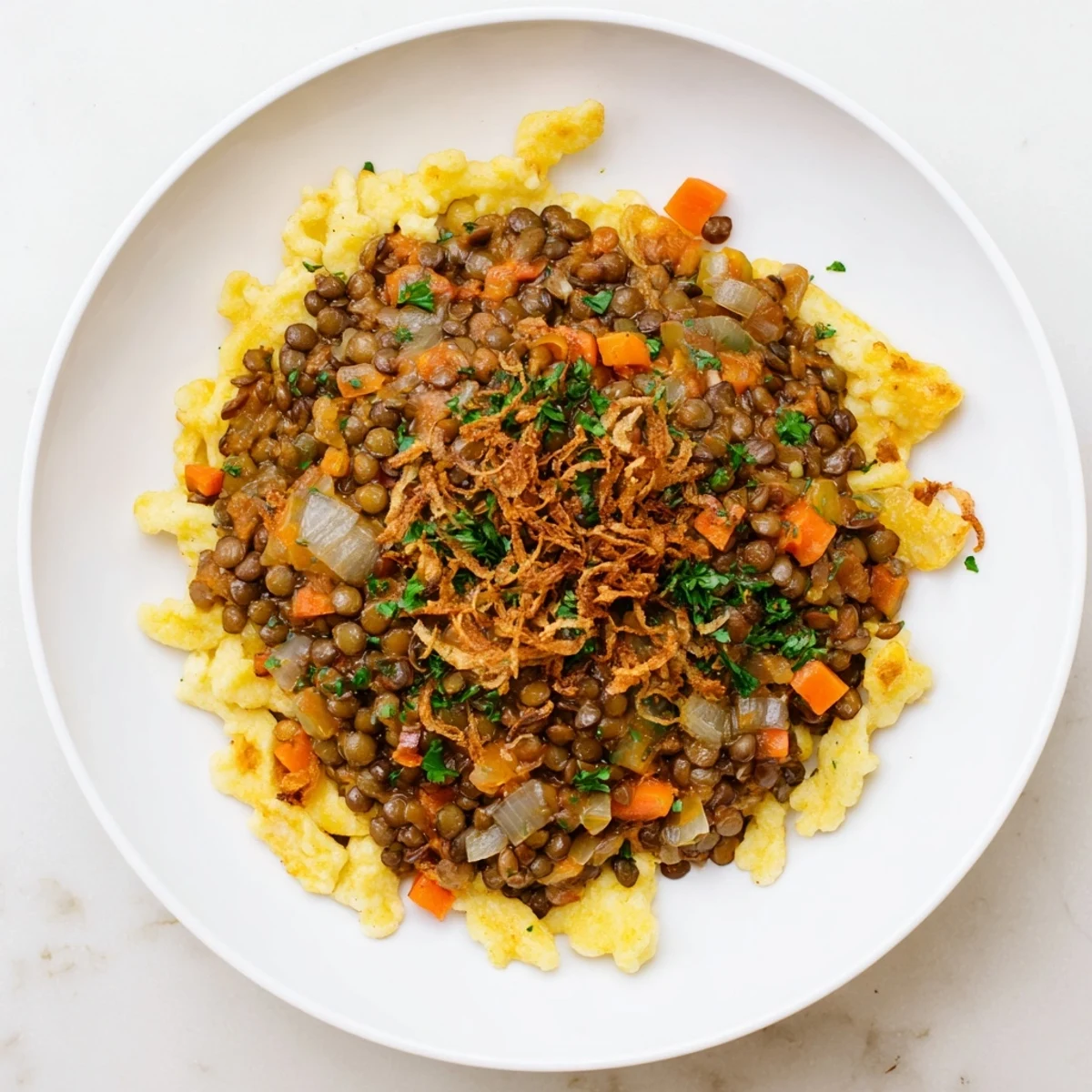 Budget Lentil & Spätzle Bowl: A steaming bowl showing flavorful lentils and golden spätzle with fresh parsley.