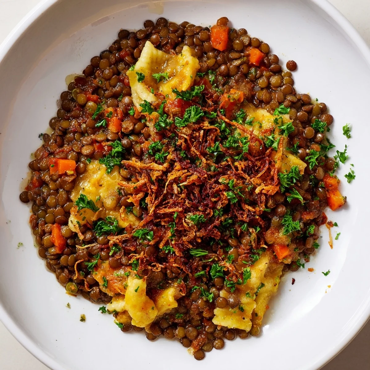 Cozy Budget Lentil & Spätzle Bowl, a hearty vegetarian meal with lentils, vegetables, and pasta.