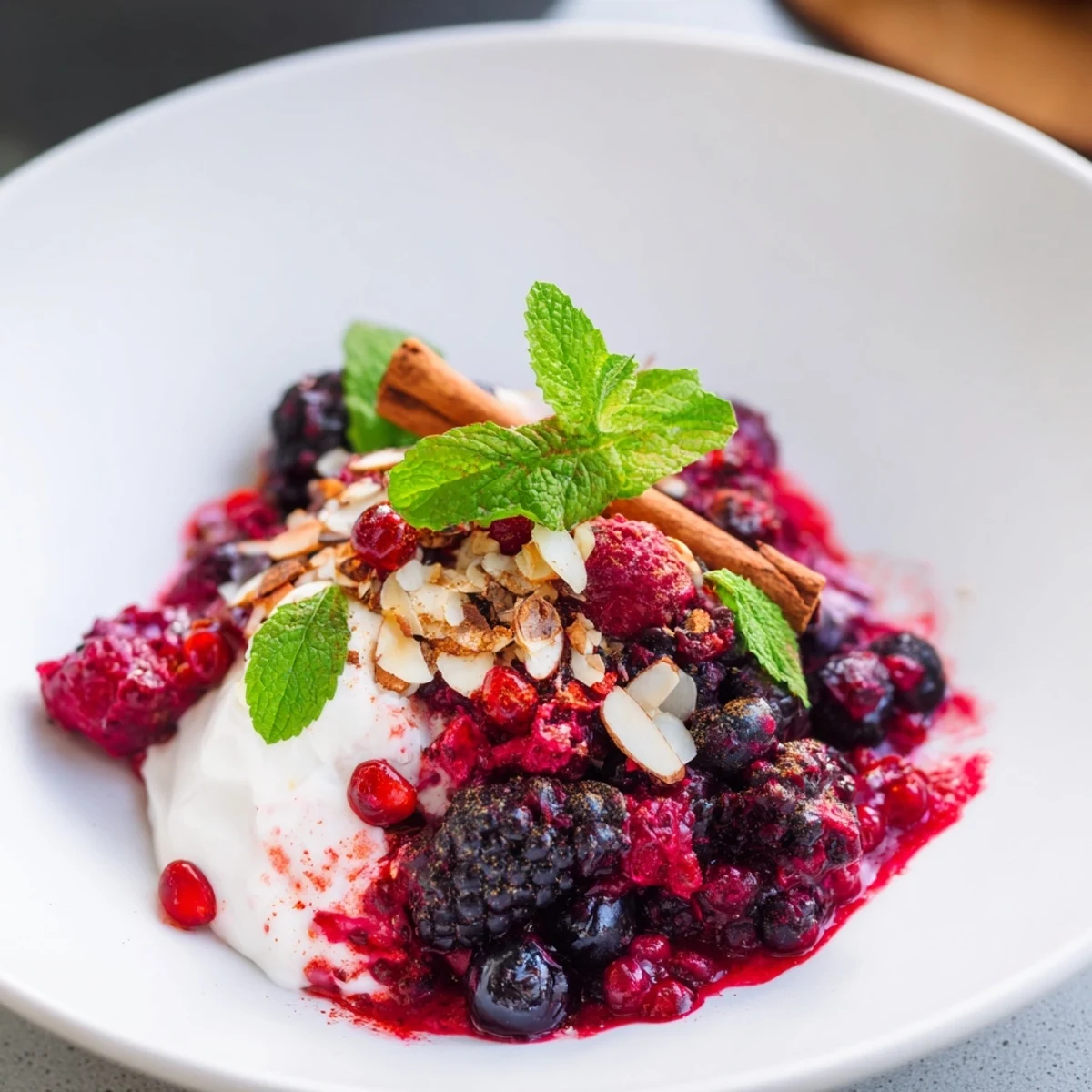 Warm German spiced berry compote cascading over creamy vanilla yogurt, a beautiful dessert.