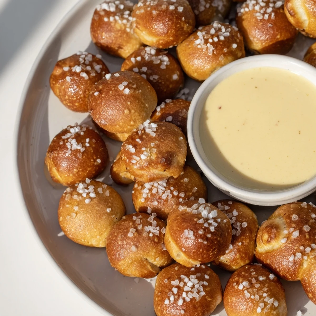 Golden-brown Mini Pretzel Bites with a creamy beer cheese sauce, perfect for a party snack.