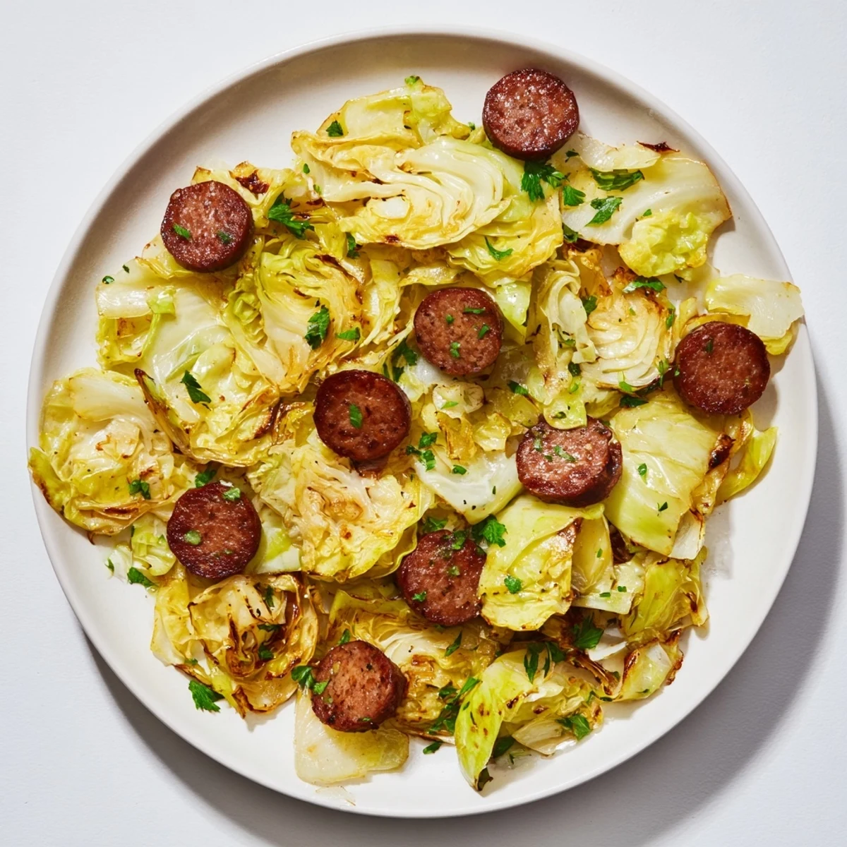 Savory and caramelized Crispy Cabbage & Sausage Skillet with browned sausage and tender cabbage.
