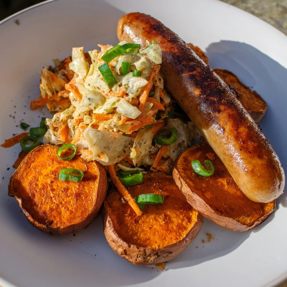 Golden-brown Baked Sweet Potato Bratwursts with vibrant sauerkraut slaw, a hearty American meal.