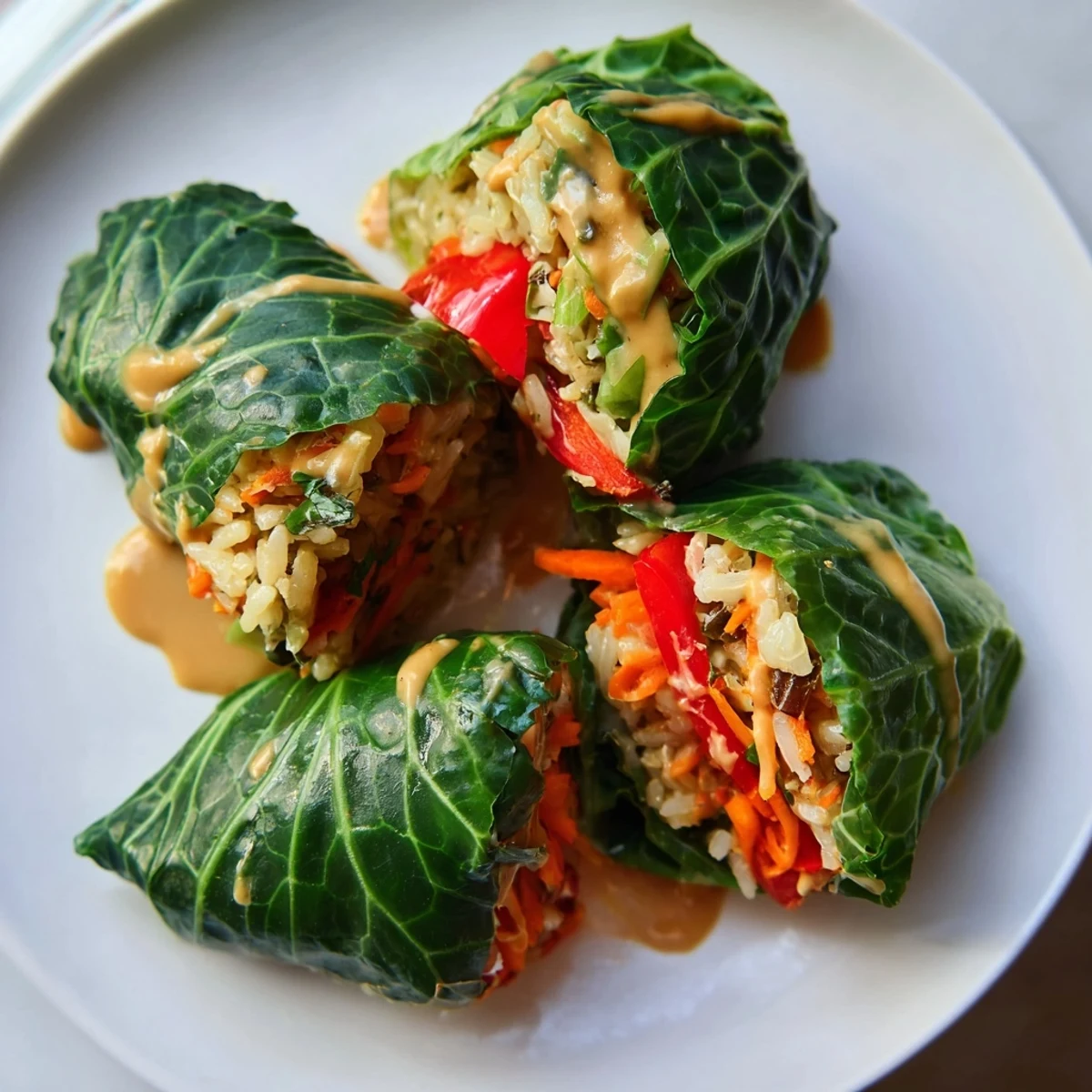 Close-up of freshly-baked savory Savoy Cabbage Rolls, smothered in vibrant Thai peanut sauce.