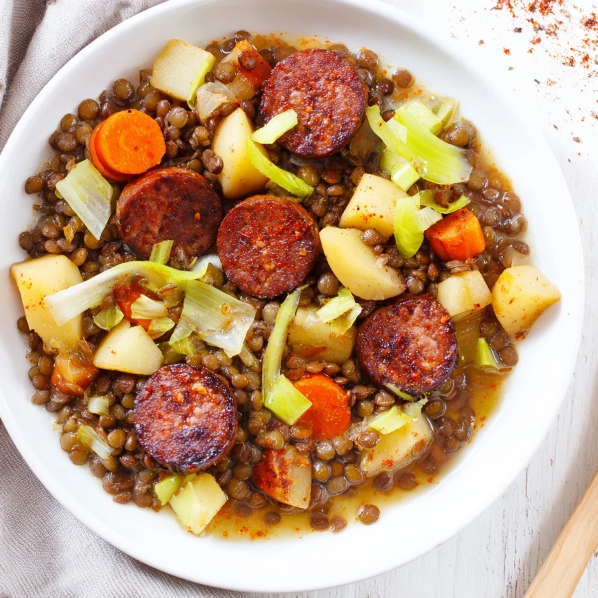 Steaming bowl of Instant Pot German Lentil Stew with chorizo, a hearty meal ready to be enjoyed.