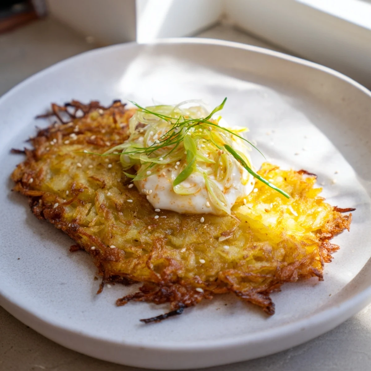 A stack of hot, golden Kartoffelpuffer with a cool kimchi yogurt dip, a delectable appetizer.