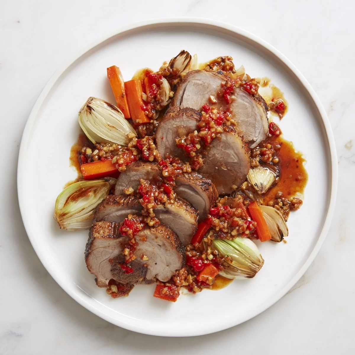 Tender Bavarian roast pork, glistening with a spicy chili-ginger sauce, ready to serve.