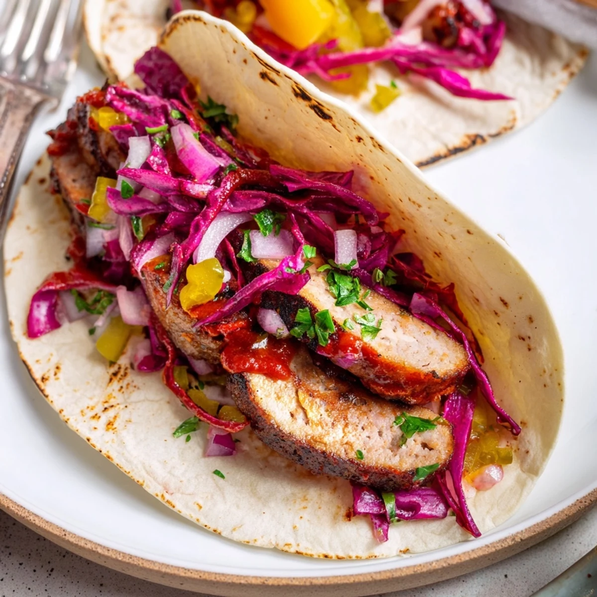 Vibrant image: warm tortillas filled with delicious Berlin Currywurst Tacos, ready for a flavorful bite.