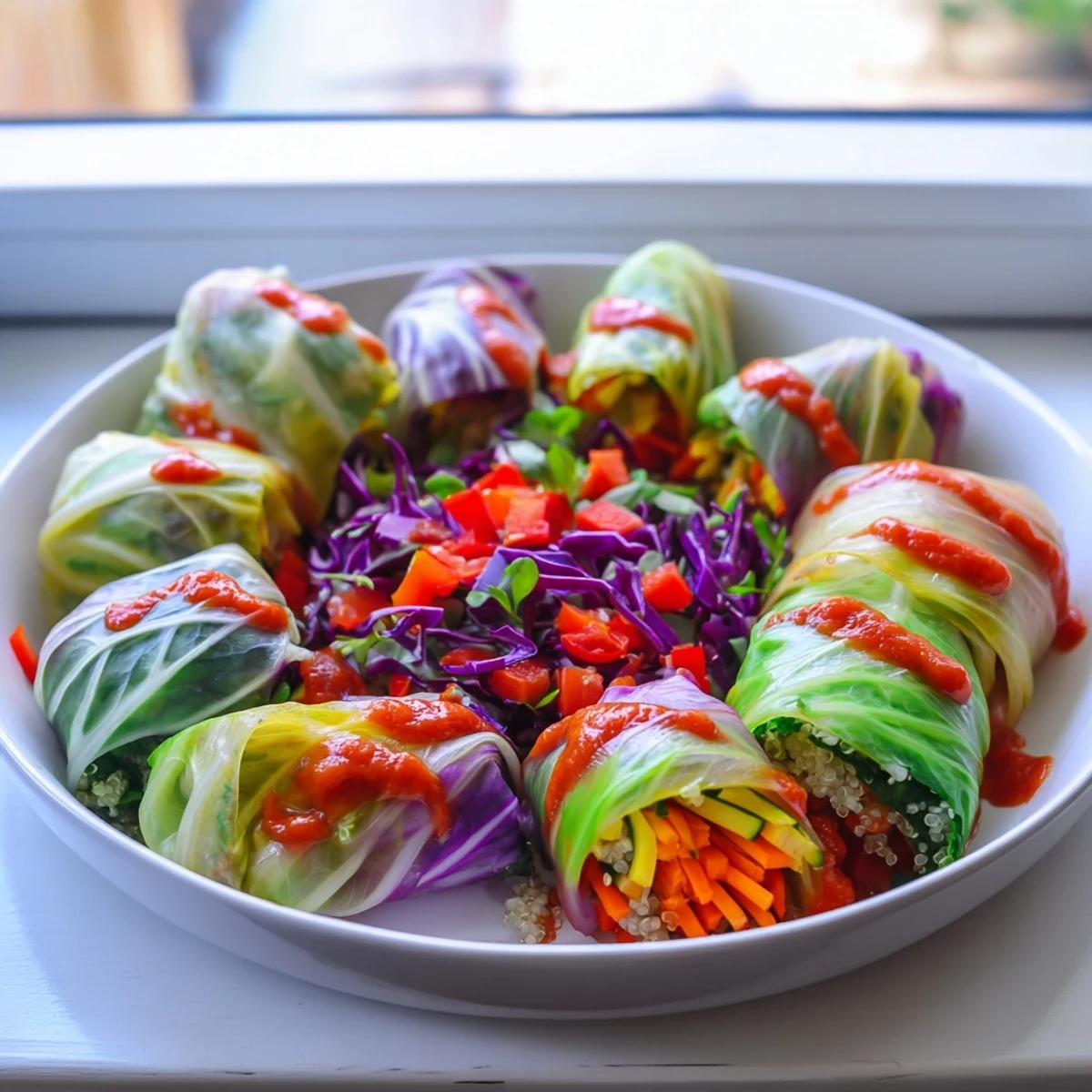 Close-up of baked Rainbow Sauerkraut Rolls; the hearty main dish is a vegetarian delight.