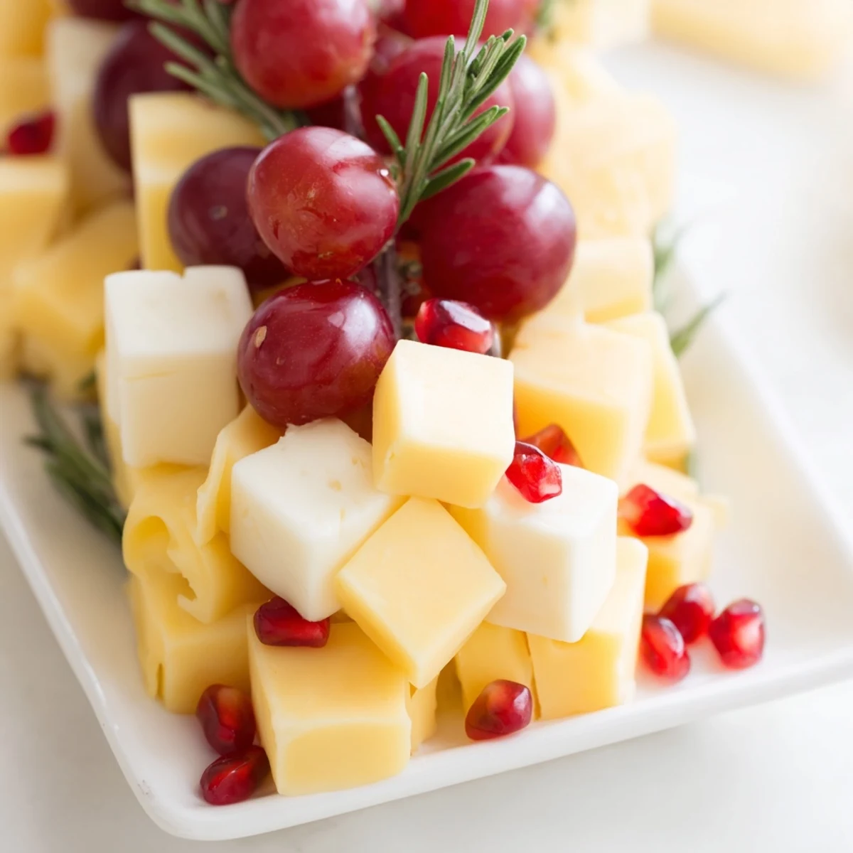 This festive Christmas Stocking Snack Tray shows off delicious cheddar cheese cubes and vibrant red grapes, inviting you to snack.