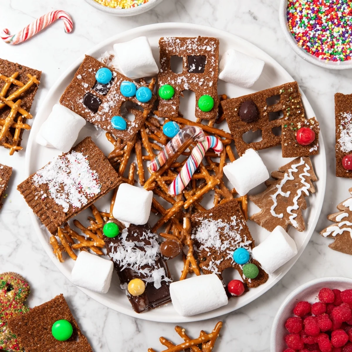 A beautifully arranged Gingerbread House Board with colorful candies, inviting you to build.