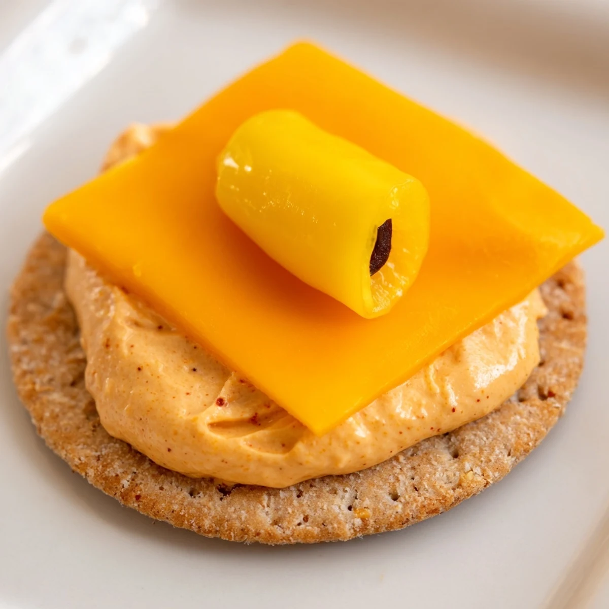 Santas Belt Crackers & Dip, festive crackers topped with a creamy red pepper dip and black olive belts.