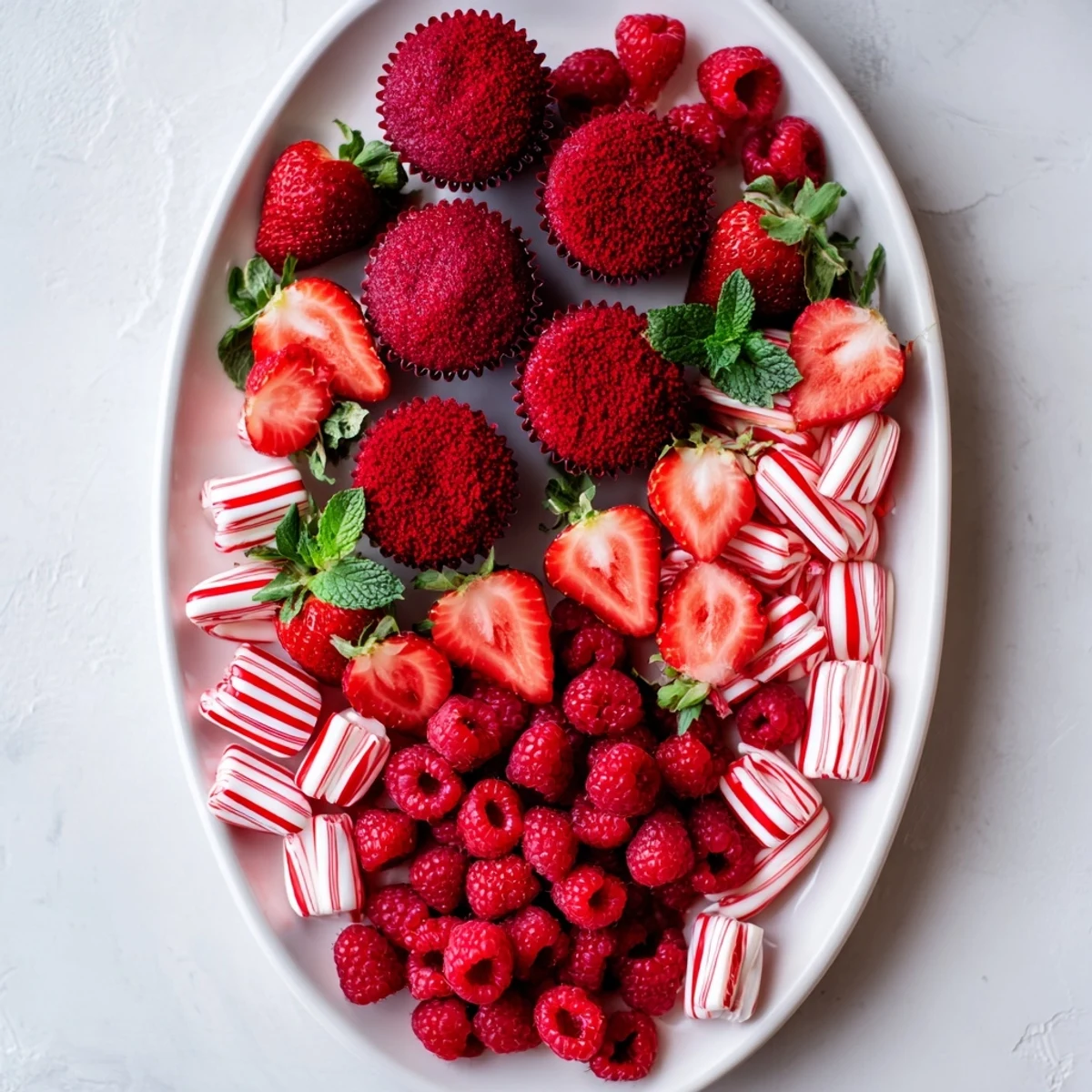 Delicious Candy Cane Striped Platter, showcasing fresh strawberries next to white chocolate pretzels, a holiday delight.