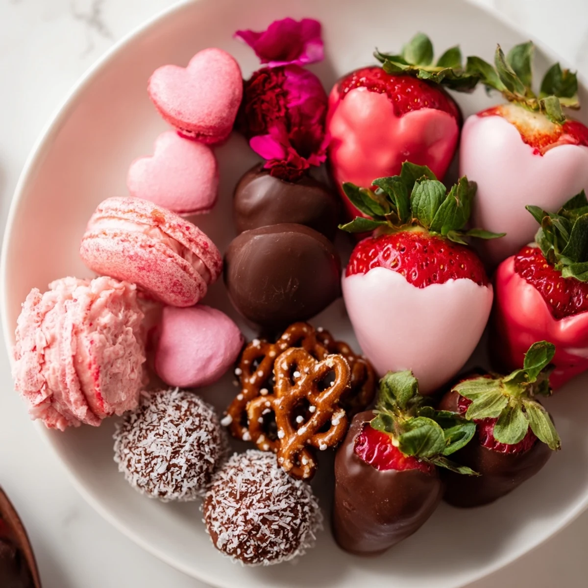Sweetheart Valentines Day Board filled with chocolate-covered strawberries and other sweet treats.