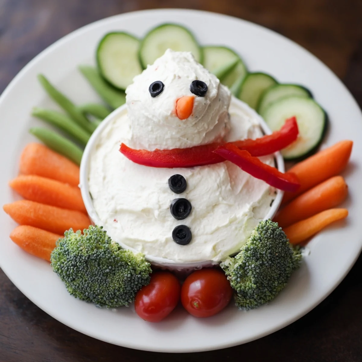 Creamy snowman veggie dip, surrounded by vibrant raw vegetables, ready to be scooped up and enjoyed.