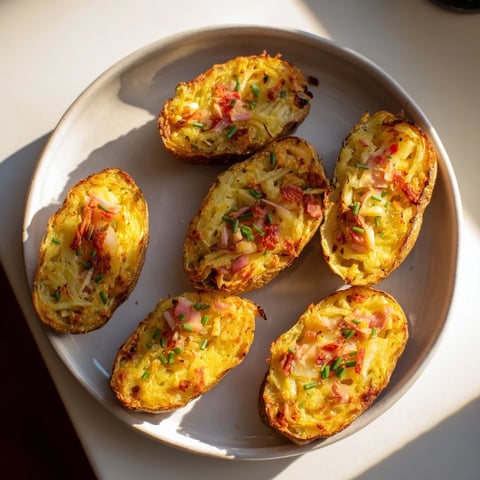 Golden-brown crispy potato rösti boats, perfect for a brunch spread, ready to be filled with savory toppings.