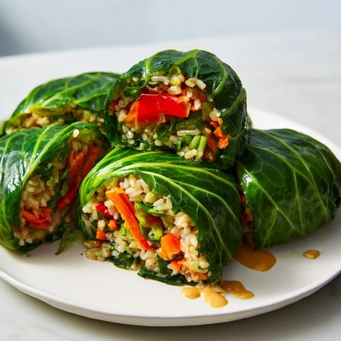 Steaming-hot Savoy Cabbage Rolls with Thai peanut sauce, garnished with fresh cilantro for serving.
