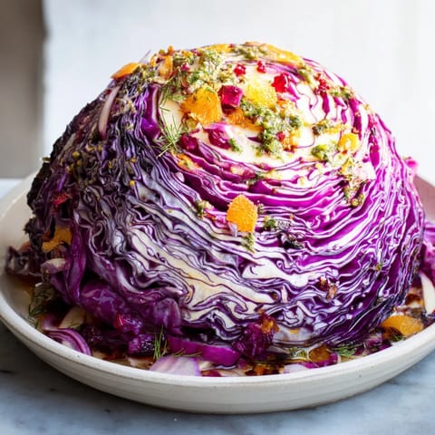 Close-up of a steaming Spiced Red Cabbage Bake, showcasing caramelized edges and bright salsa.