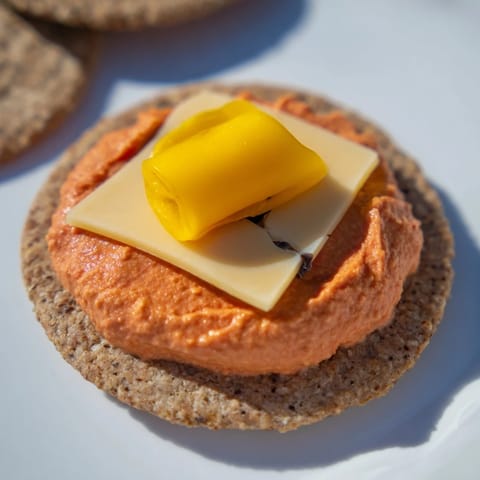 Holiday appetizer featuring Santa's Belt Crackers & Dip; a close-up image of the tasty, decorated snack.