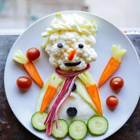 Vibrant image shows a completed Snowman Crudités platter with colorful bell peppers and dipping sauce.
