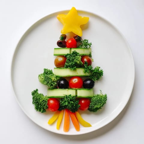 A colorful, healthy Festive Tree Cucumber Tomato Platter, perfect appetizer for your holiday table.