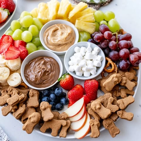A colorful Animal Cracker Safari Board, brimming with animal crackers, fruit and creamy dips.
