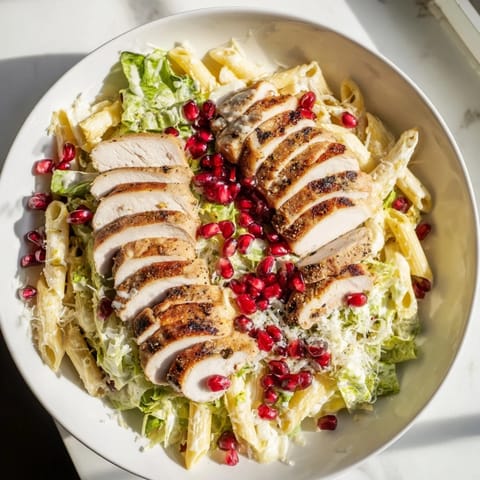 Enjoy a creamy Chicken Caesar Pasta with Pomegranate, featuring crisp lettuce and savory Parmesan cheese.