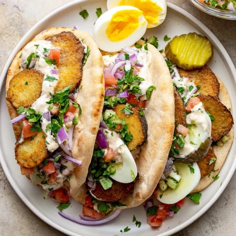 This photo features a colorful Israeli Sabich, a filling meal with tahini and eggs.