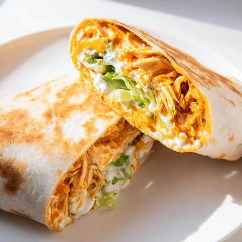 Zwei Buffalo Ranch Chicken Wraps auf einem Holzteller, geröstet und in der Mitte durchgeschnitten, mit cremiger Ranch und scharfer Buffalo-Soße, die aus dem Inneren tropft.
