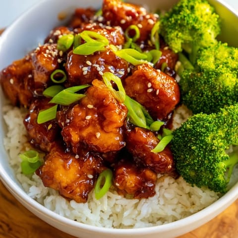 Gebratene Sweet Chili Chicken Bowl mit glasiertem Hähnchen und grünem Brokkoli
