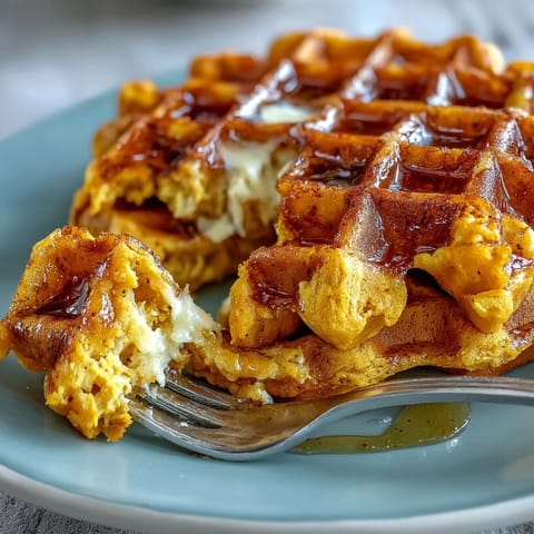 Gelbe, lockere Waffeln mit Kurkuma und adaptogenen Gewürzen, serviert mit frischen Beeren und Ahornsirup.