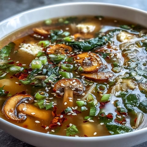 A close-up of Ginger-Miso Winter Soup topped with toasted sesame seeds and scallions, revealing tender carrots and savory broth.  