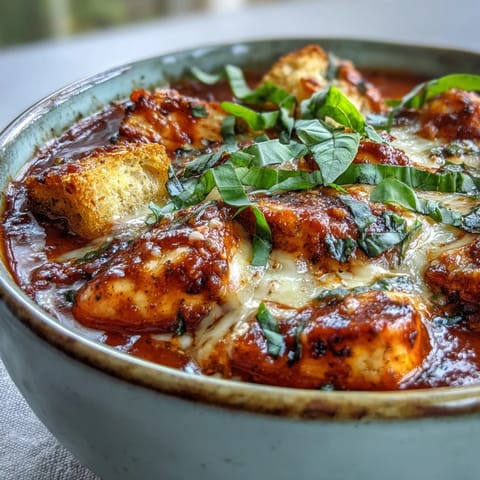 Gedünstete Grilled Chicken Parmesan Suppe mit zarten Hähnchenstücken, frischer Basilikum-Kräuternote und einer Käsehaube aus Parmesan und Mozzarella.