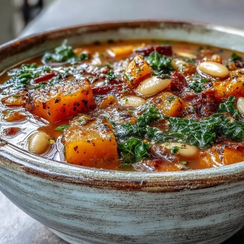 Creamy Winter Minestrone Soup with Butternut Squash and Kale topped with Parmesan and parsley.