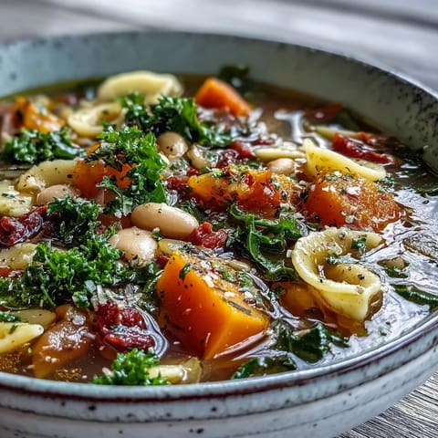 Köstliches Winter Minestrone Soup mit Bohnen und Pasta, garniert mit Petersilie.