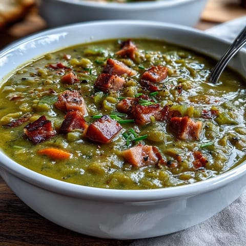 A ladle of rich Split Pea and Ham Soup pours into a bowl over fresh thyme garnish.