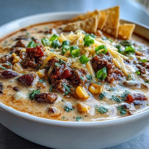 Eine dampfende Schüssel Cremiger Taco Suppe mit Bohnen, Mais und gehackten grünen Zwiebeln.