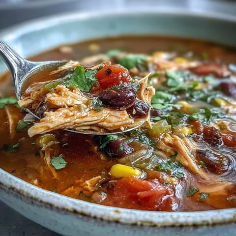 Southwestern Turkey Soup in Topf mit Löffel, Gewürzen und frischen Tortilla-Chips am Rand.
