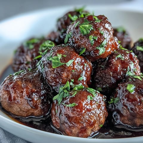 Glossy Slow Cooker Peach Glazed Meatballs served warm over steamed rice, garnished with fresh parsley and a spoonful of sauce.