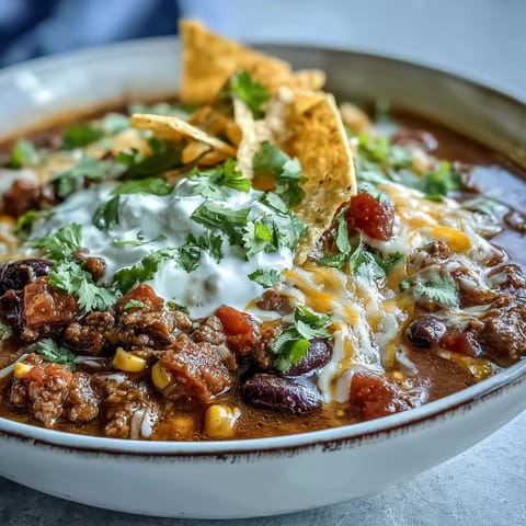 Hearty Taco Soup in a rustic bowl, loaded with seasoned beef, beans, and corn, topped with melted cheese and sour cream.