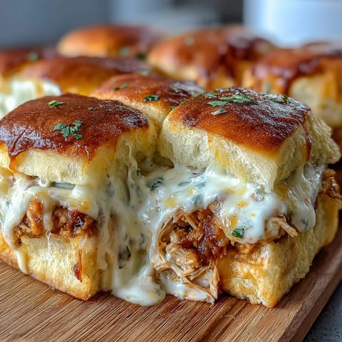 Frisch gebackene Pizza Dip Sliders mit cremiger Buffalo-Hähnchen-Füllung und weichen Brötchen.