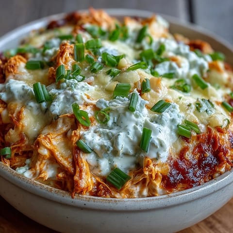 Crock Pot Buffalo Chicken Dip in einer Schüssel mit Stangen Sellerie und Karotten