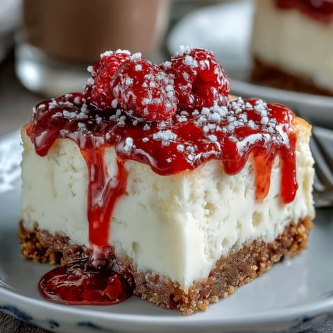 Dieser gebackene White Chocolate Raspberry Cheesecake Bliss zeigt eine goldbraune Kruste und frische Beeren obenauf.