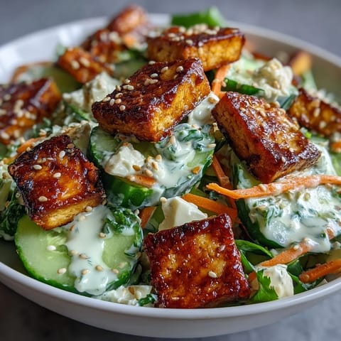 Cremes asiatischer Gurkensalat mit knusprigem Tofu