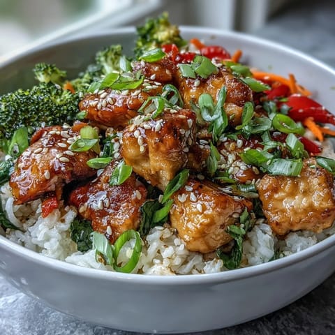 Ein wohlschmeckender Chicken and Rice Bowl mit saftigem Hähnchen, knackigem Brokkoli und bunten Paprikastreifen, frisch aus der Pfanne.