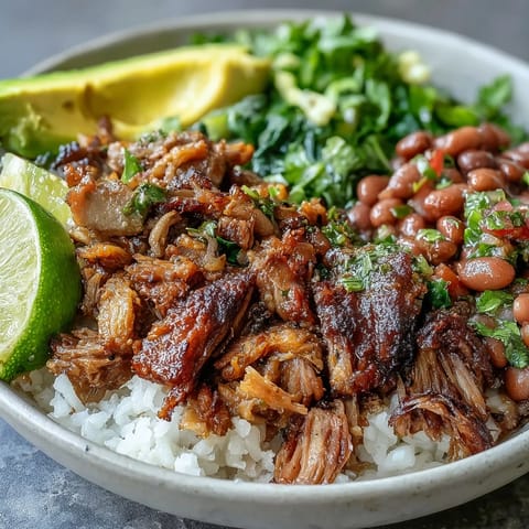Ein bunter Carnitas Bowl mit knusprigen Schweineshreds, pinto Bohnen, Cilantro und knackigem Limettensaft.
